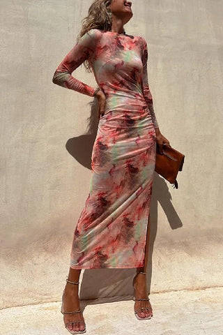 Long Sleeve Ruched Side Slit Tie Dye Maxi Dress