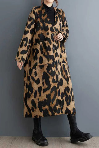 Long Sleeves Loose Buttoned Leopard Pockets Split-Joint V-Neck Outerwear Trench Coats