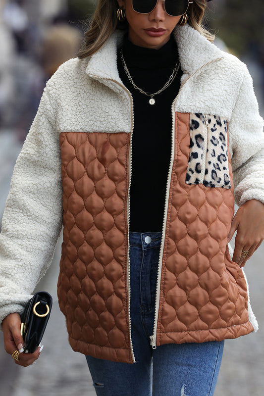 Leopard Color Block Zip-Up Jacket