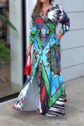 Printed long sleeve belt maxi dress