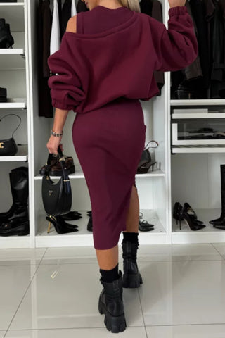 Wide Neck Relaxed Sweatshirt and Ribbed Tank Stretch Midi Dress Set