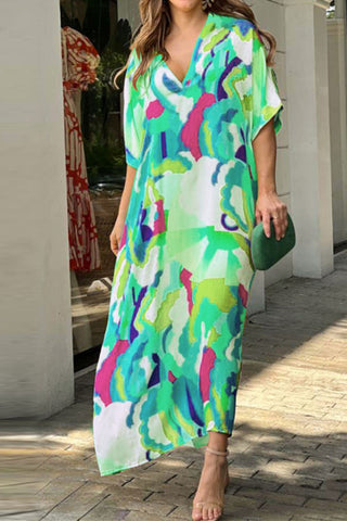 Print Short Sleeve Wide Hem Maxi Dress