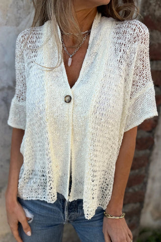 One button mid-sleeve hollow knit cardigan