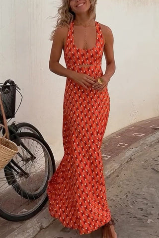 Scoop Neck Backless Geometric Print Maxi Dress