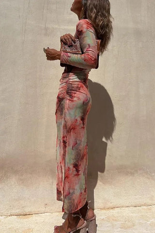 Long Sleeve Ruched Side Slit Tie Dye Maxi Dress