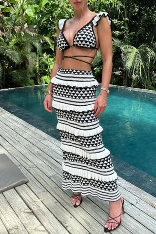 Sexy Striped Knitted Bohemian Beach Skirt Set