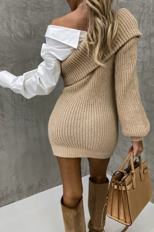 Knitted stitching fake two-piece slanted shoulder dress