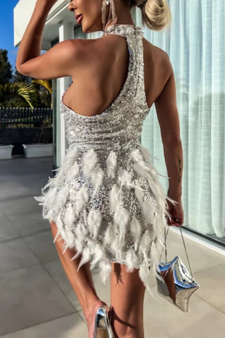 Sleeveless sequin feather patchwork mini dress