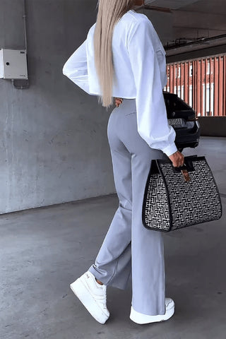 elegant solid pocket turndown collar long sleeve pants set