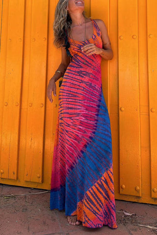 Back Criss Cross Sleeveless Color Block Tie Dye Maxi Dress