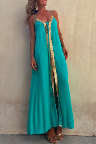 V Neck Backless Sequin Detailed Slit Cami Maxi Dress