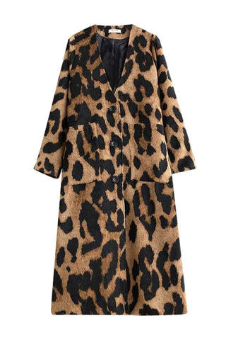 Long Sleeves Loose Buttoned Leopard Pockets Split-Joint V-Neck Outerwear Trench Coats