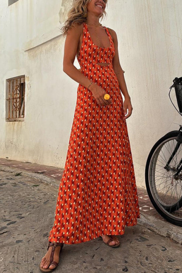 Scoop Neck Backless Geometric Print Maxi Dress