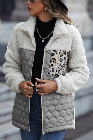 Leopard Color Block Zip-Up Jacket