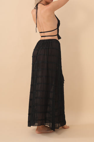 Backless halter neck tie pleated lace vest long skirt set