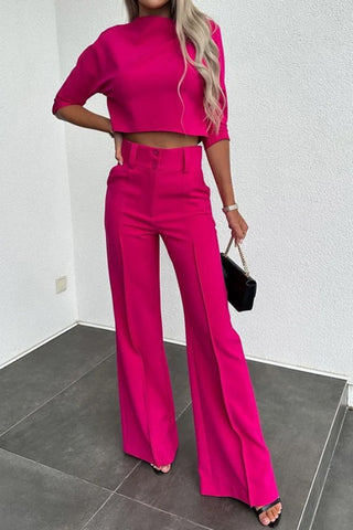 Solid Color top and High Waist Straight Pants Set