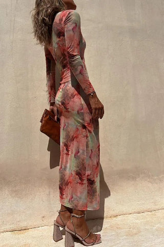 Long Sleeve Ruched Side Slit Tie Dye Maxi Dress