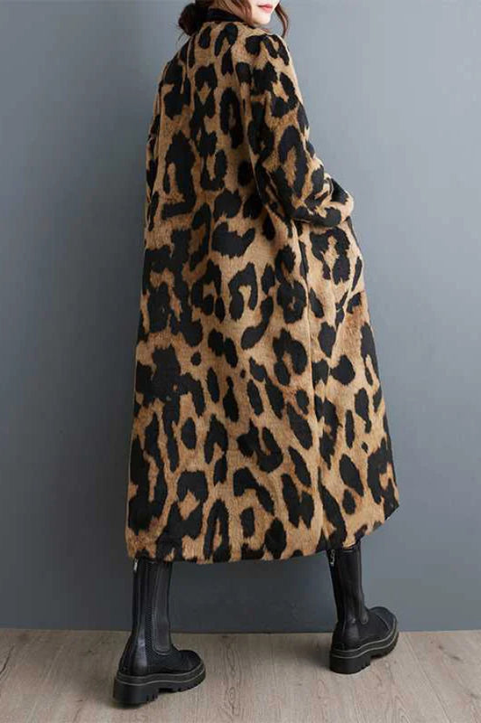 Long Sleeves Loose Buttoned Leopard Pockets Split-Joint V-Neck Outerwear Trench Coats