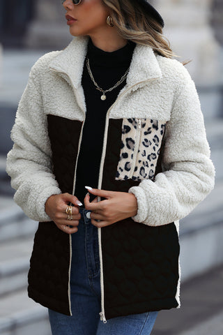 Leopard Color Block Zip-Up Jacket