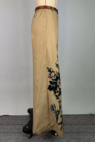 High Waisted Loose Belted Flower Print Pockets Pants Trousers