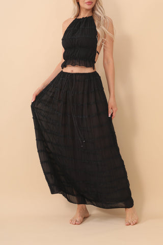 Backless halter neck tie pleated lace vest long skirt set