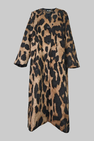 Long Sleeves Loose Buttoned Leopard Pockets Split-Joint V-Neck Outerwear Trench Coats