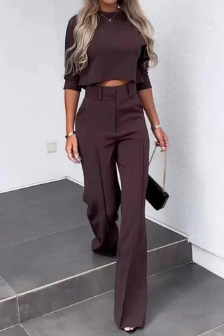 Solid Color top and High Waist Straight Pants Set