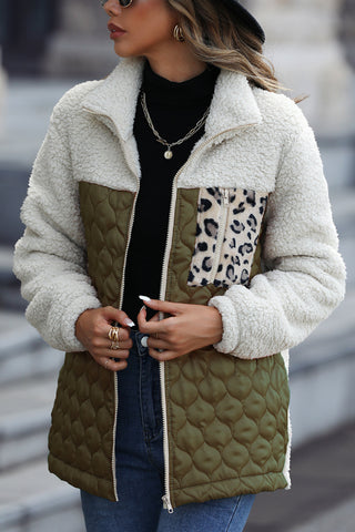 Leopard Color Block Zip-Up Jacket