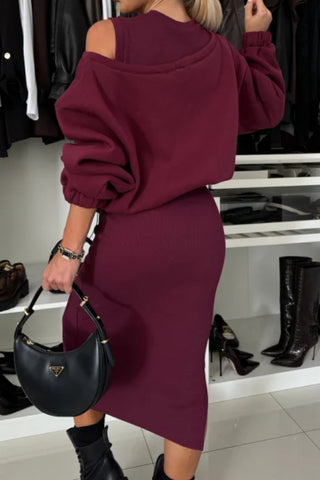 Wide Neck Relaxed Sweatshirt and Ribbed Tank Stretch Midi Dress Set