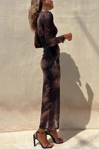 Long Sleeve Ruched Side Slit Tie Dye Maxi Dress