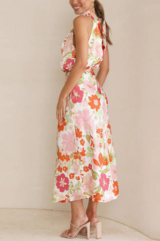 Floral Halter Neck Elastic Waist Midi Dress