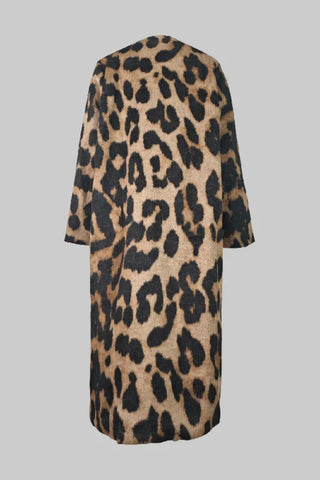 Long Sleeves Loose Buttoned Leopard Pockets Split-Joint V-Neck Outerwear Trench Coats