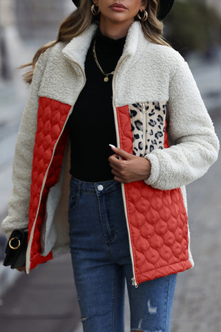 Leopard Color Block Zip-Up Jacket