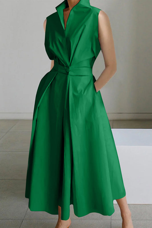 Sleeveless Solid Color Lapel Midi Dresses