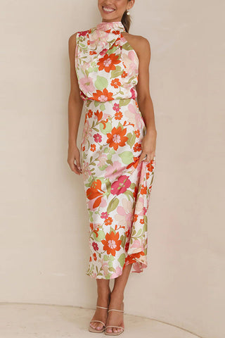 Floral Halter Neck Elastic Waist Midi Dress