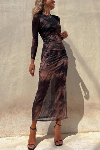 Long Sleeve Ruched Side Slit Tie Dye Maxi Dress