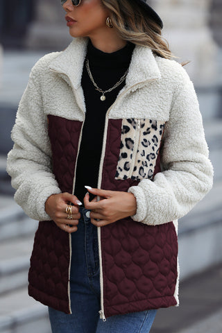 Leopard Color Block Zip-Up Jacket