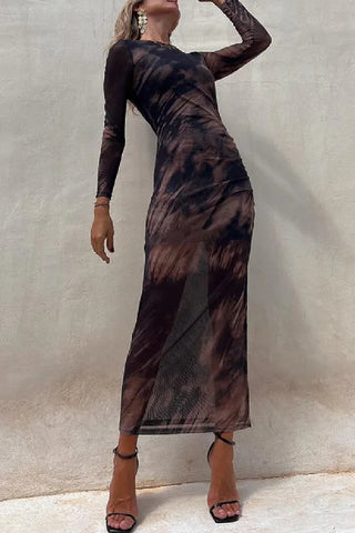 Long Sleeve Ruched Side Slit Tie Dye Maxi Dress