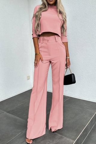 Solid Color top and High Waist Straight Pants Set