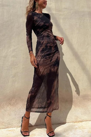 Long Sleeve Ruched Side Slit Tie Dye Maxi Dress