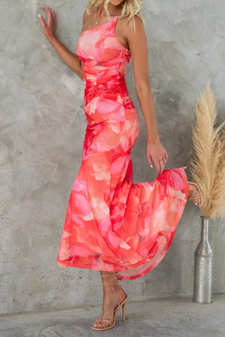 Floral Print One Shoulder Ruched Stretch Maxi Dress