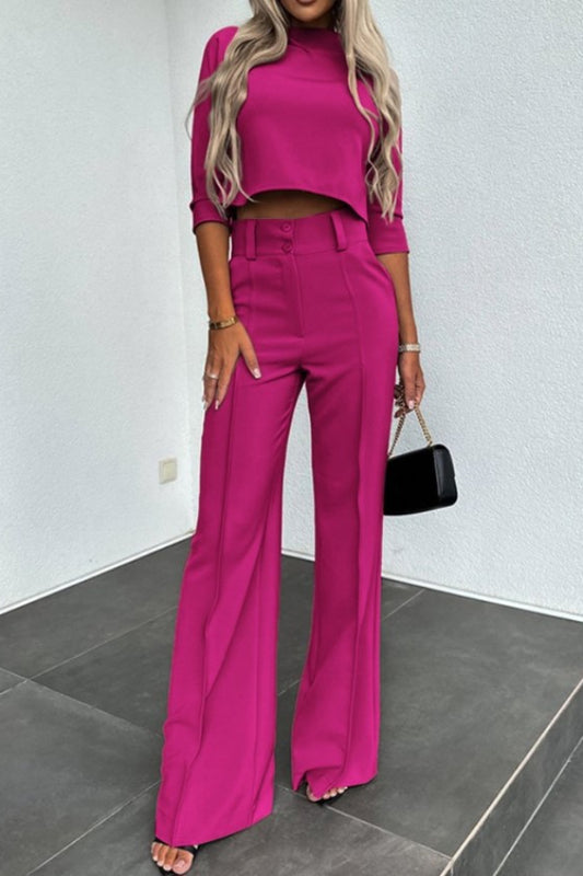 Solid Color top and High Waist Straight Pants Set