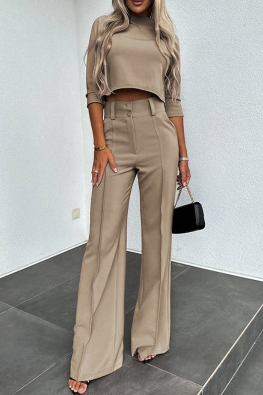 Solid Color top and High Waist Straight Pants Set