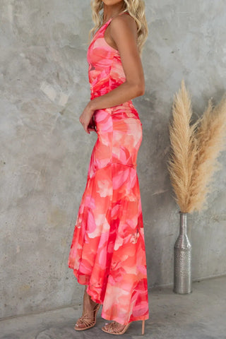 Floral Print One Shoulder Ruched Stretch Maxi Dress