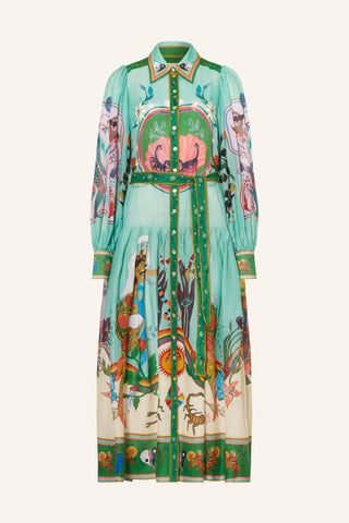 Retro Print Lantern Sleeve Waisted Swing Midi Dress