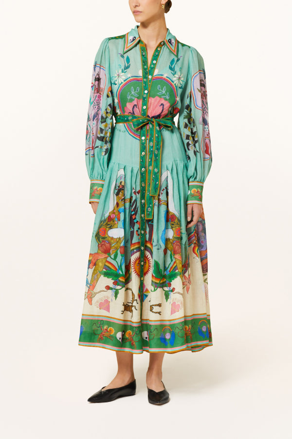 Retro Print Lantern Sleeve Waisted Swing Midi Dress