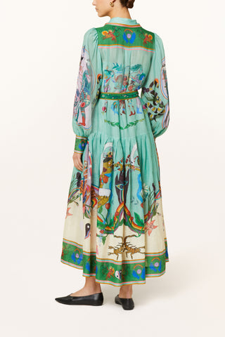 Retro Print Lantern Sleeve Waisted Swing Midi Dress