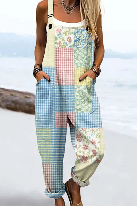 Women's Vintage Abstract Mosaic Flowers Art Print Casual 100% Cotton Wide Leg Jumpsuit