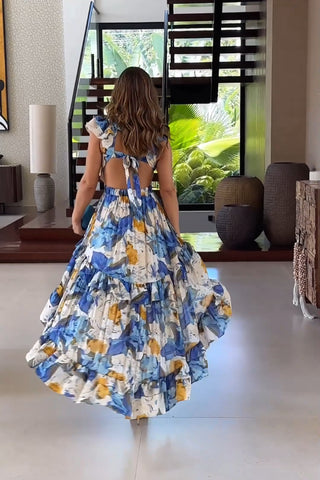 Floral Print Sexy V-neck Backless Resort Maxi Dress