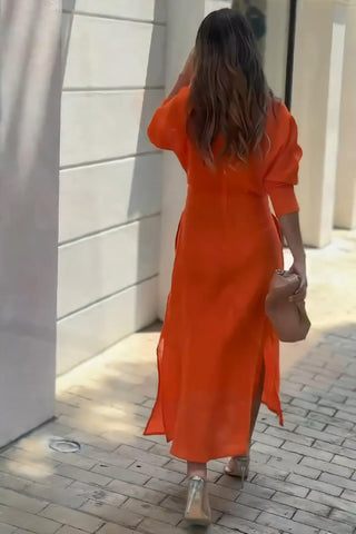 Solid color waist long sleeve irregular shirt maxi dress